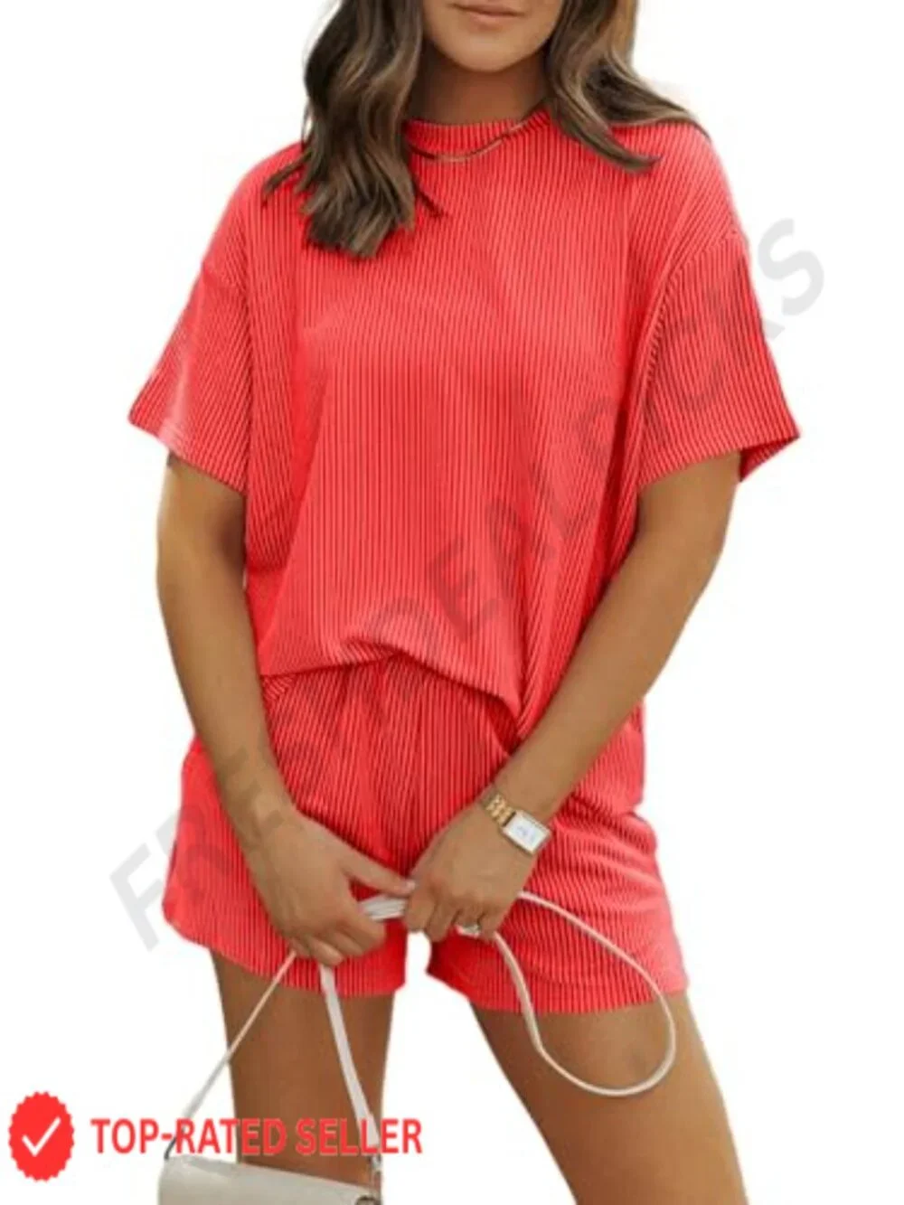 Women's 2 Piece Ribbed Knit Short Set Crewneck Tee & Wide Leg Shorts Lounge Set